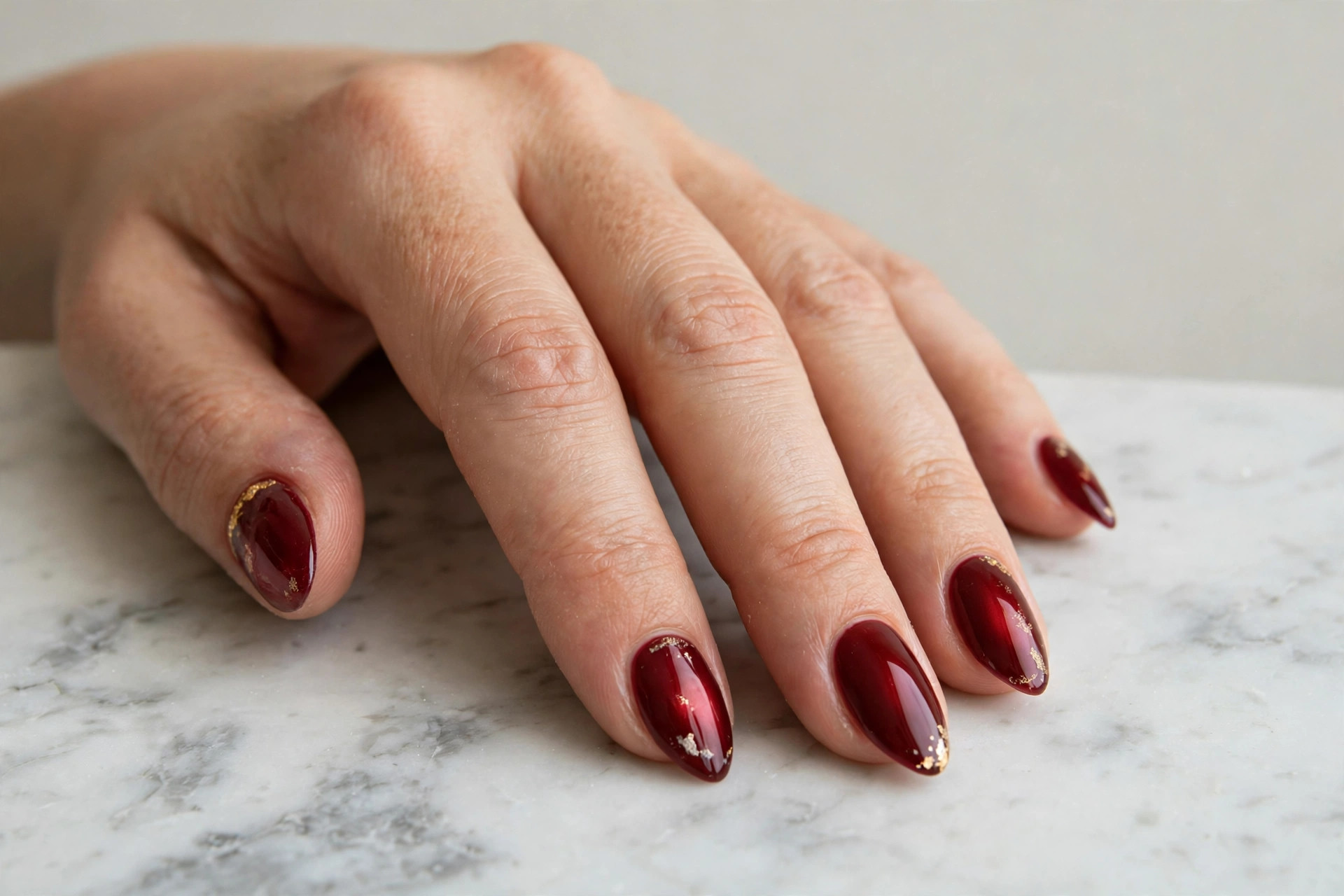 Same hand with long glossy deep red nails after treatment
