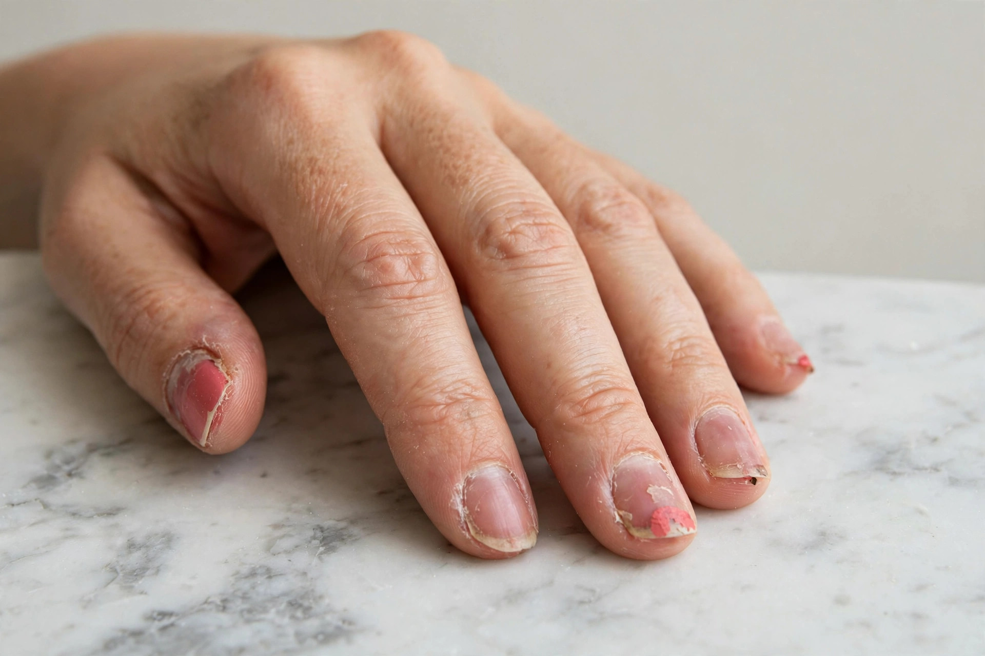 Hand with chipped old polish and dry cuticles before treatment